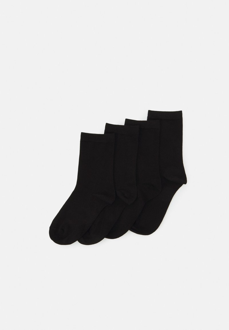 Schwarze Baumwollsocken, angeordnet in einem Set von vier. Jede Socke hat einen gerippten Bund und eine glatte Textur. Standard Knöchellänge.