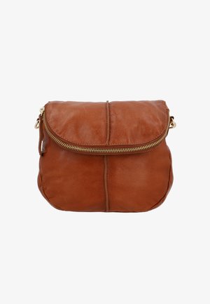 Brun läder crossbody-väska med dragkedjestängning, rundad form och synliga sömdetaljer. Guldtonade hårdvarudetaljer.