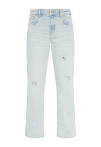 Jeans in denim azzurro chiaro con una vestibilità comoda, caratterizzati da strappi sulle ginocchia e una cucitura dritta. Design standard a cinque tasche.