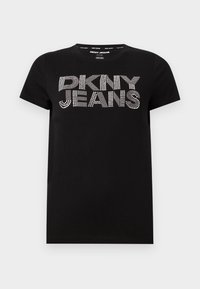 Μαύρο T-shirt με κοντά μανίκια και το κείμενο "DKNY JEANS" σε λευκό σχέδιο κουκκίδων στο κέντρο του στήθους.