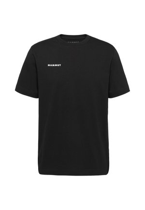 Schwarzes T-Shirt mit kurzen Ärmeln und Rundhalsausschnitt, mit kleinem weißen "MAMMUT"-Logo auf der oberen linken Brust.