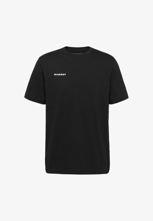 T-shirt nera a maniche corte con scollo rotondo e piccolo logo bianco "MAMMUT" sul petto a sinistra.