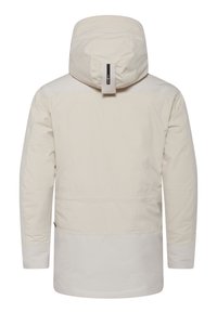 Beige Kapuzenjacke, aus glattem Synthetikstoff, in mittlerer Länge, mit einer horizontalen Naht, elastischen Bündchen und einem Logodetail auf dem Rücken.