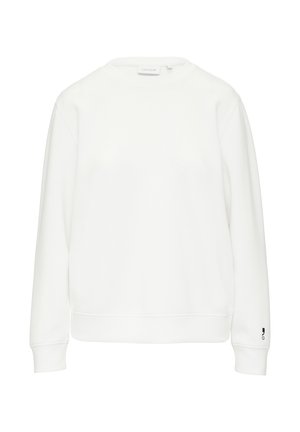 Weißes Sweatshirt mit Rundhalsausschnitt, langen Ärmeln und gerippten Ärmelbündchen. Aus weichem Material gefertigt, mit einem kleinen Logo-Akzent am Ärmel.