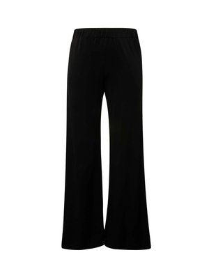 Schwarze weite Hosen mit elastischem Bund, gefertigt aus glattem Material mit fließendem Design und ohne sichtbare Muster oder Verzierungen.