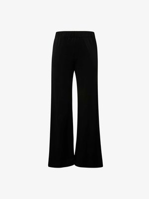 Black wide-leg pants featuring an elastic waistband, made of smooth fabric with a flowing design and no visible patterns or embellishments.