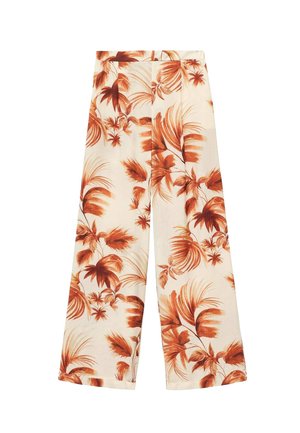 Pantaloni a gamba larga in un tessuto leggero, con una base bianco sporco decorata da grandi motivi a foglia color ruggine e una superficie morbida.