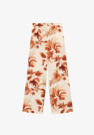 Wide-leg trousers in a lightweight fabric, featuring an off-white base with large rust-colored leaf patterns and a smooth texture.