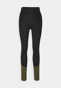 Leggings neri con un design sagomato, caratterizzati da un blocco di colore verde oliva nella parte inferiore delle gambe. Realizzati in un tessuto liscio e elastico.