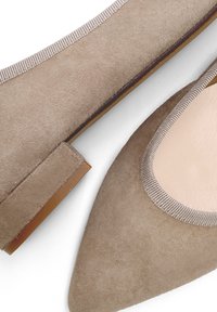 Zapatos planos de ante beige con punteras puntiagudas, ribete elástico y tacón cuadrado bajo. Forro interior liso, diseño minimalista sin adornos adicionales.