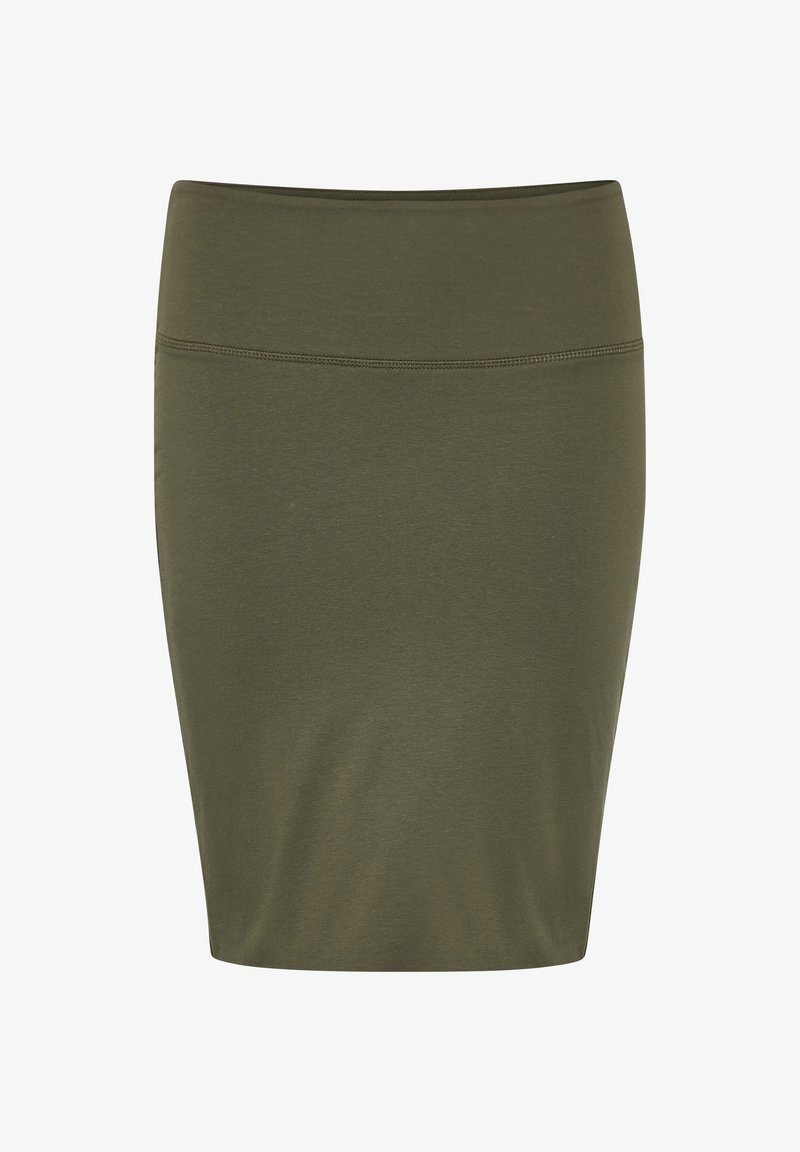 Jupe crayon droite vert olive avec une taille haute et un simple détail de couture cousue près du haut.