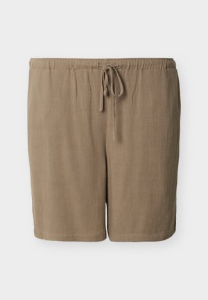 Shorts décontractés marron clair avec taille élastique et cordon de serrage à l'avant, coupe droite, présentés sur un fond clair uni.