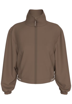 Brun jakke med glidelås, høy krage, elastiske mansjetter og Calvin Klein-logo på glidelåstrekkeren og nær kanten på begge sider.