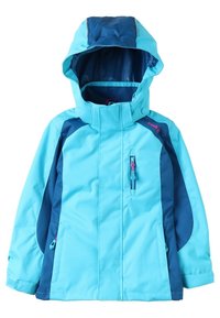 Veste pour enfant résistante à l'eau en bleu clair et bleu marine. Présente une capuche détachable, une poche zippée à l'avant et des poignets ajustables. Texture lisse.