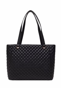 Borsa a spalla nera trapuntata con doppi manici e dettagli in metallo dorato. Forma rettangolare con superficie testurizzata e sottile motivo a diamante.
