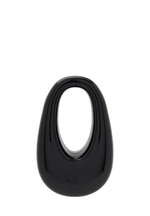 Zwart, glad, ovaalvormig product met een centrale uitsparing. Glanzende afwerking, minimalistisch ontwerp, dat de strakke lijnen en een moderne esthetiek benadrukt.
