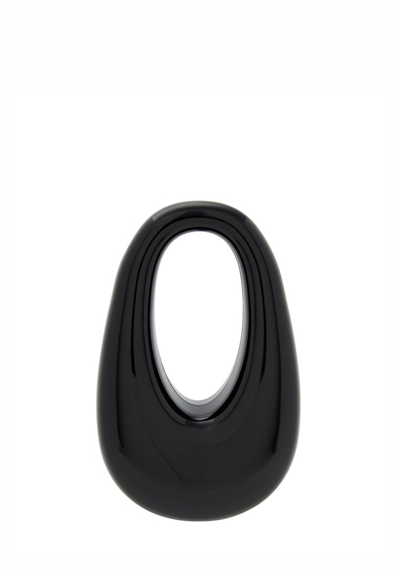 Prodotto nero, liscio, di forma ovale con un'apertura centrale. Finitura lucida, design minimalista, che enfatizza linee eleganti e un'estetica moderna.