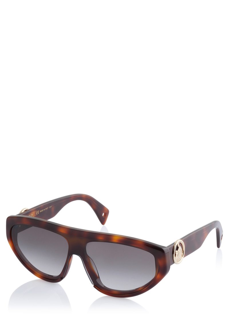 Schildpatt-Sonnenbrille mit dunklen Gläsern, kantigem Design und goldenen Hardware-Elementen an den Bügeln. Kunststoffrahmen, glatte Oberfläche.