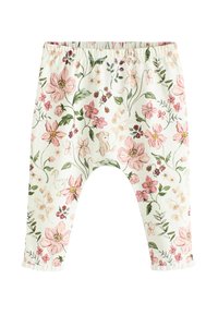 Florale Babyhose aus weicher Baumwolle, mit einem weißen Grundton und rosa sowie grünen Blumenmustern, elastischem Bund und Rüschensäumen.