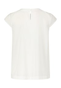 Blusa bianca a maniche corte con scollatura rotonda, apertura a forma di chiave sul retro e un tessuto liscio e leggero. Design minimalista.