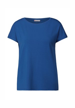 Blaues Damen-T-Shirt mit kurzen Ärmeln, rundem Ausschnitt, schlichtem Design und einem Street One Markenlabel im Kragen.