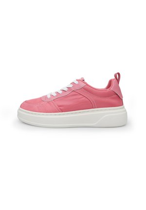 Pink athletic sneaker with a smooth synthetic upper, white laces, and a thick white sole. Features a textured back tab and contrasting stitching.