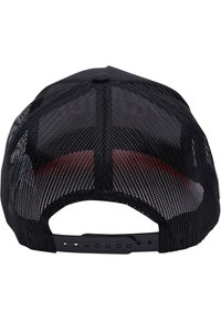 Black mesh trucker hat featuring a solid fabric front and adjustable snapback closure. Displays a rounded crown and curved brim.