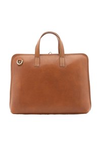Borsa a mano in pelle marrone con superficie testurizzata, forma rettangolare, due manici superiori e un accento a forma di anello metallico sul lato.