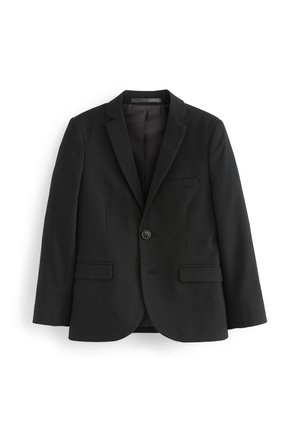 Sort enkeltknappet herredragtjakke med hakket revers, én knap, klaplommer og brystlomme på hvid baggrund.