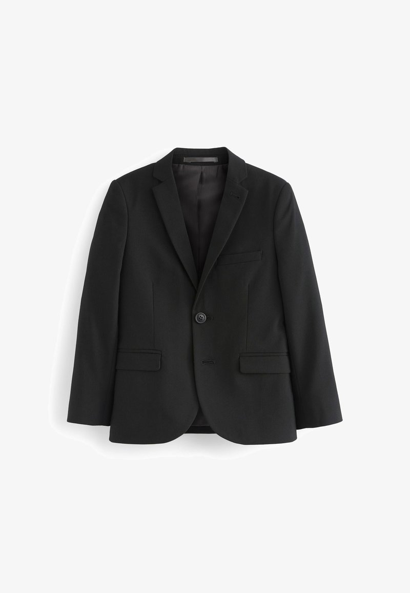 Veste de costume homme noire à simple boutonnage, revers crantés, un bouton, poches à rabat et poche poitrine sur fond blanc.