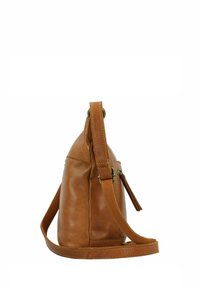 Borsa a tracolla in pelle marrone con finitura testurizzata, un'unica tracolla regolabile e un compartimento con zip, mostrata di lato.