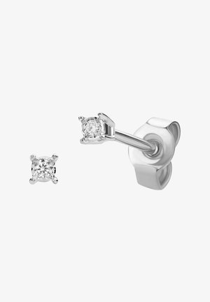 Sterling sølv stud øreringe med en rund, klar cubic zirconia sten i en fire-prong indstilling; skinnende finish, minimalistisk design.