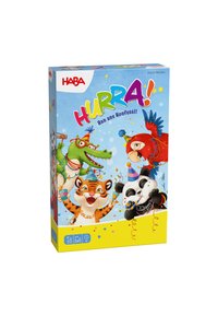 Kolorowe pudełko z grą planszową, z kreskówkowymi zwierzętami, w tym tygrysem i pandą, na żywym niebieskim tle i żółtej podstawie. Widoczny napis "HURRA!".