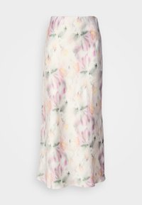 Jupe midi florale en tissu léger, dotée d'un imprimé aquarelle aux couleurs pastel, avec un design fluide et un léger éclat.