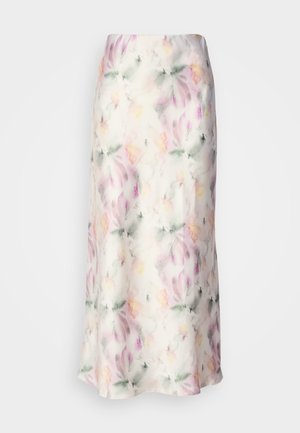 Florale Midirock aus leichtem Stoff, mit einem Aquarelldruck in Pastellfarben, fließendem Design und subtiler glänzender Oberfläche.