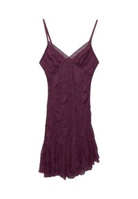 Lila Spitzenkleid mit dünnen Trägern, V-Ausschnitt, tailliertem Oberteil und ausgestellt geschnittenem Saum.