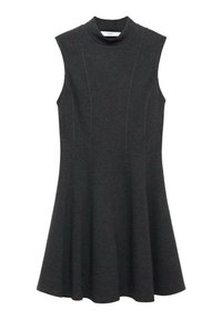 Dark gray sleeveless dress with a high neck, featuring a flared skirt and subtle seam detailing. Made from a soft, stretchy material.