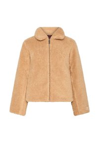 Beige umělá kožešinová bunda se zipovým zapínáním, kulatým límcem a dlouhými rukávy. Má měkký, texturovaný vzhled a minimální kovové detaily.