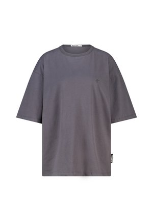 Effen donkergrijze T-shirt met korte mouwen, ronde hals en klein geborduurd logo op de linkerborst.