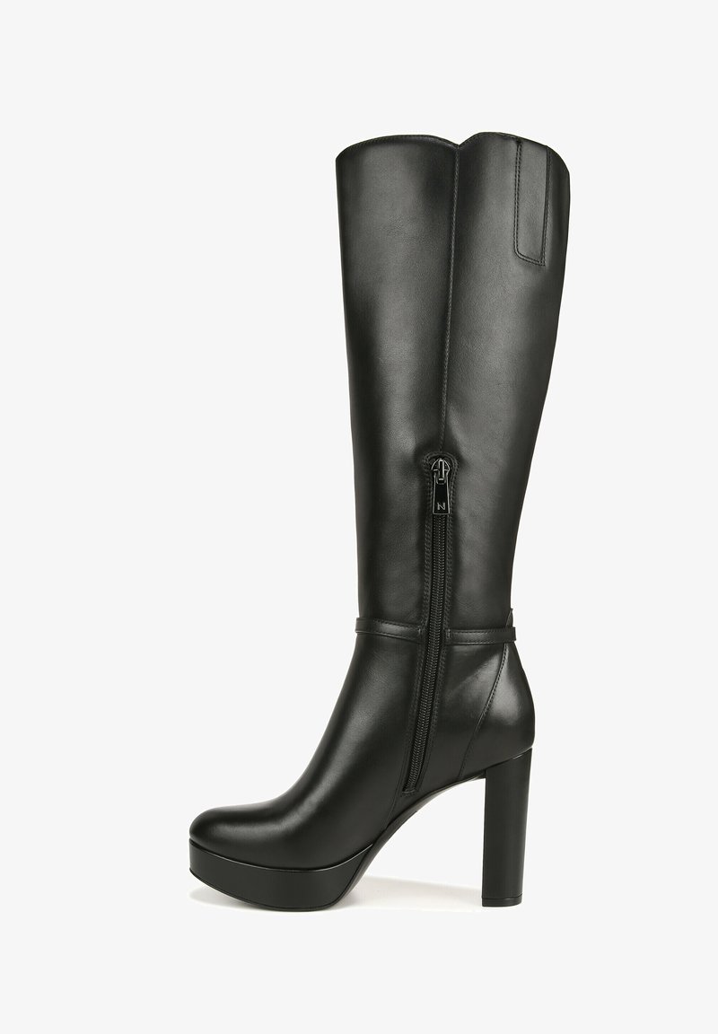 Black leather knee-high boot with a sleek design, pointed toe, and a high block heel. Features a side zipper and smooth texture.