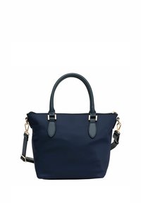 Borsa a spalla in nylon blu navy con manici e dettagli in pelle. Presenta una chiusura con zip e una tracolla regolabile. Dettagli in oro.