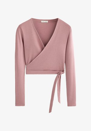 Lichtroze wikkeltop gemaakt van ribstof, met lange mouwen, diepe V-hals en een zijstrik. Soepele textuur met een aansluitend ontwerp.