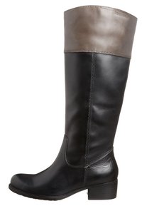 Botte noire en cuir haute jusqu'au genou avec un revers en cuir synthétique marron, bout arrondi et petit talon bloc. Présente des détails de couture minimalistes.