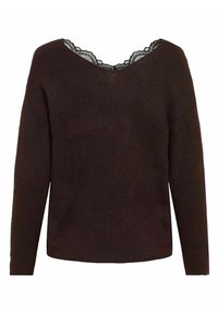 Tmavě hnědý pletený svetr s dlouhými rukávy, výstřihem do V a černou krajkou na límci.