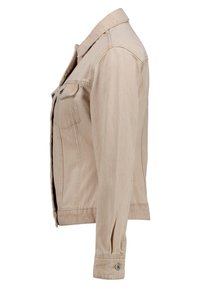 Beige denimjacka med knäppning fram, två bröstfickor, krage och långa ärmar med knäppta manschetter.