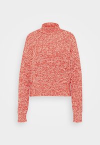 Červený a bílý pletený svetr s vysokým výstřihem, dlouhými rukávy a zkráceným střihem. Texturovaná tkanina s viditelnými švy po celém povrchu.