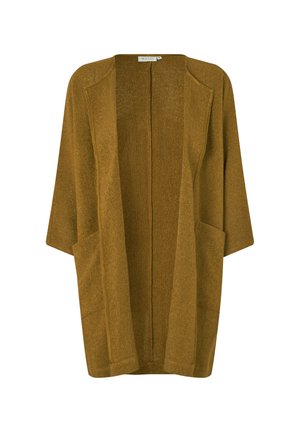 Brauner, offener Cardigan aus strukturiertem Strickstoff, mit Dreiviertelärmeln und zwei vorderen Taschen.