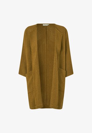 Cardigan marron à ouverture frontale, fabriqué en tissu tricoté texturé, avec des manches trois-quarts et deux poches avant.