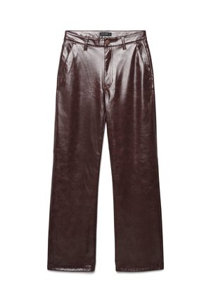 Braune Kunstleder-Hosen im weiten Schnitt mit glatter Textur, Frontknopfverschluss und Seitentaschen. Verfügt über ein klassisches Bunddesign.
