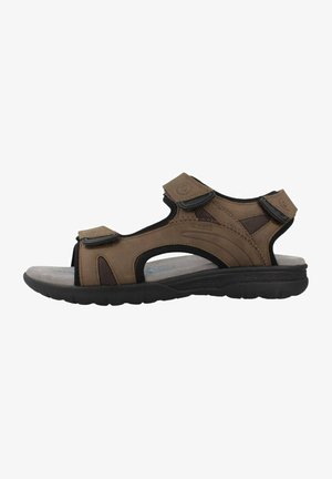 Braune Leder- und Mesh-Sandalen mit zwei verstellbaren Riemen, einer gepolsterten Innensohle und einer schwarzen Gummisohle, die für Komfort und Unterstützung designed sind.